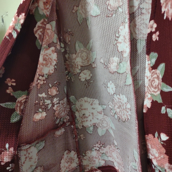 Cute Floral Burgundy Open Front Blazer Jacket Size XL - Picture 5 of 11